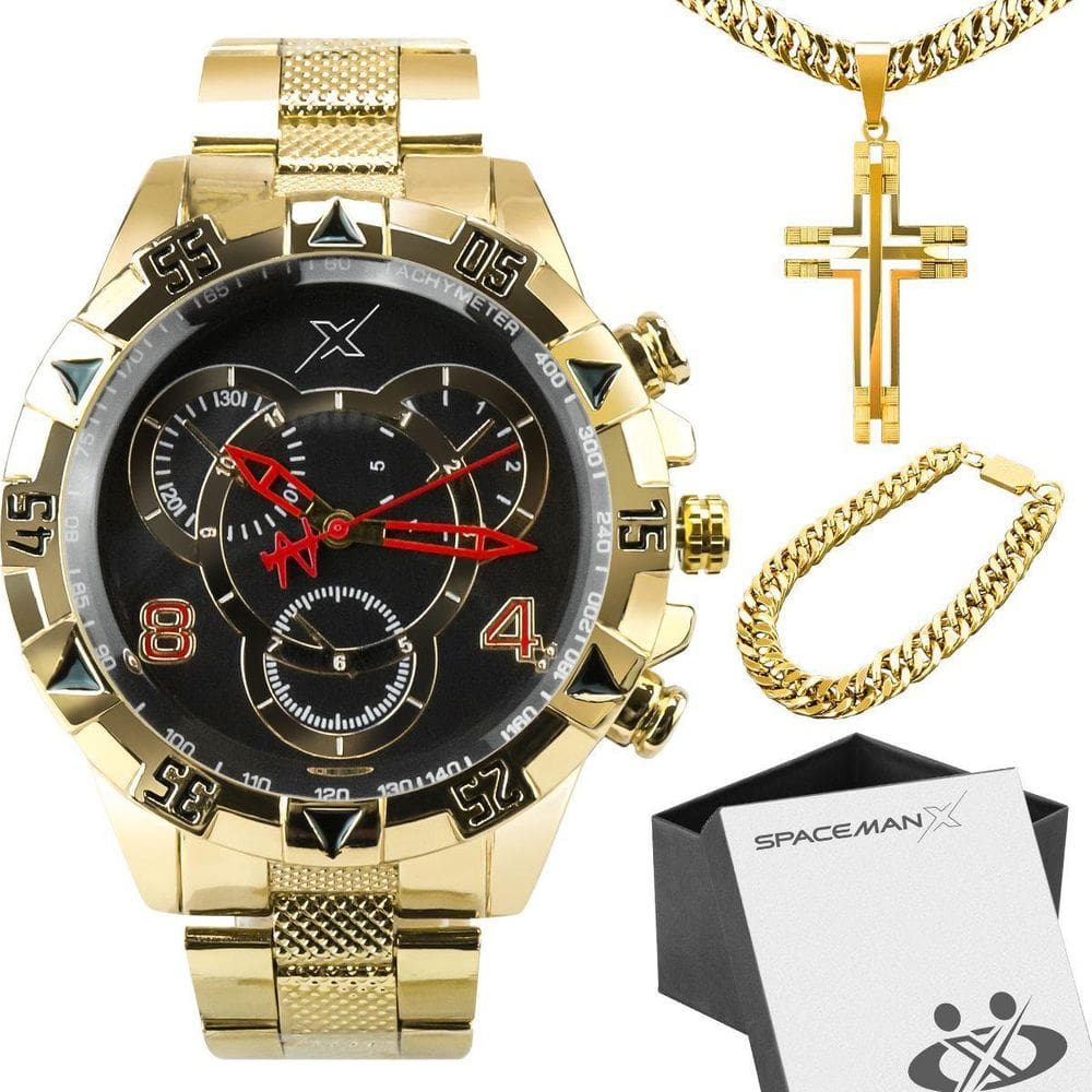 Corrente + Caixa + Relogio Masculino Aço Dourado Analogico