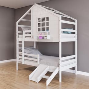 Beliche Casinha Com Janela Com Escada/escorregador E Grade De Proteção Madeira Maciça Branco Housin