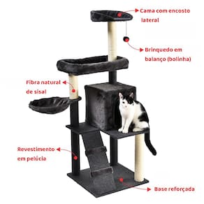 Arranhador de gato luxuoso, multifuncional com casa, camas, cesto, poleiros e brinquedo