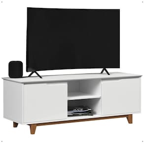 Rack Bancada Flow Tv 55 Polegadas Pés Madeira 2 Portas Prateleira Decoração Retrô Sala Branco - Lojas RPM