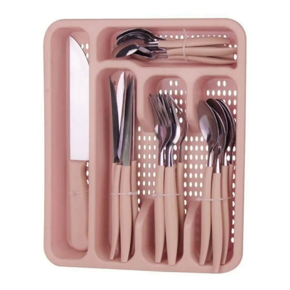 Jogo Talheres Inox 26 Pçs C Faca E Organizador Rosa Caprese