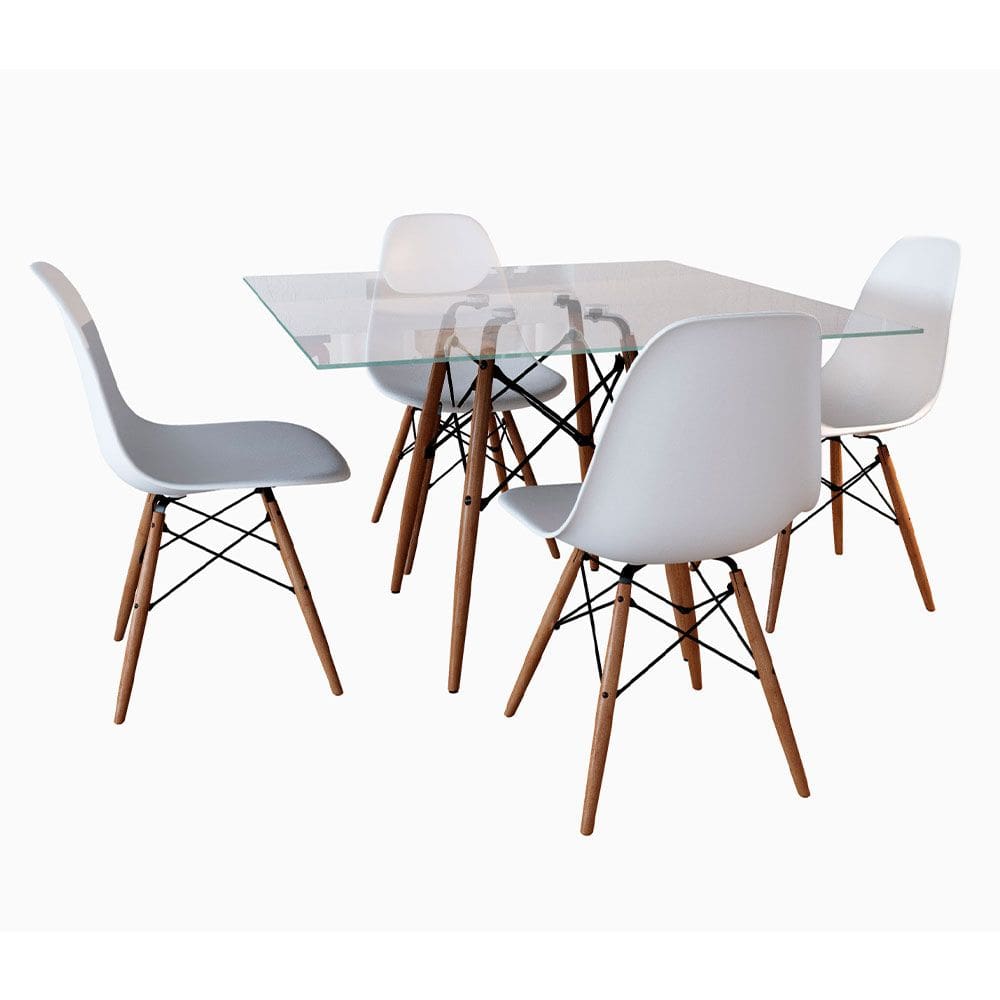 Conjunto Jantar Eames Tampo Quadrado Vidro 90cm - 4 Cadeiras Brancas