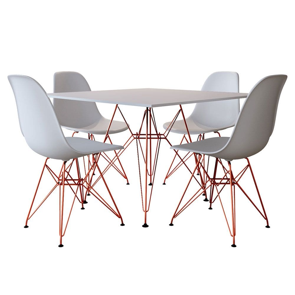 Jogo de Mesa Eames de Ferro Cobre e Tampo Quadrado Branco 90cm - 4 Cadeiras Brancas