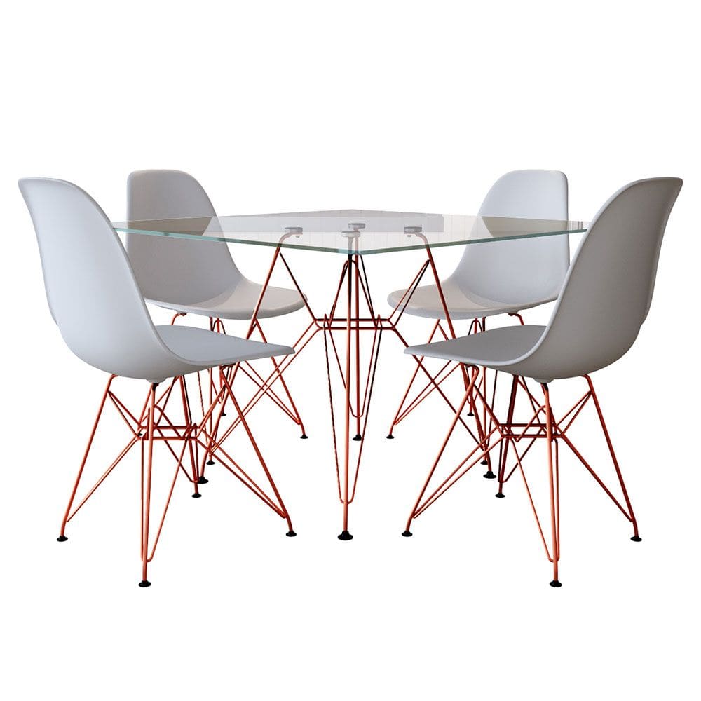 Conjunto Jantar Eames de Ferro Cobre e Tampo Quadrado Vidro - 90cm 4 Cadeiras Branca