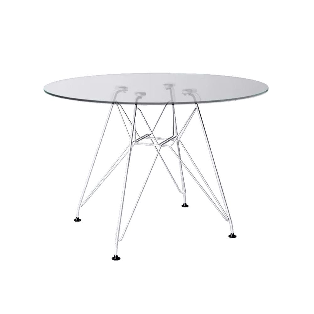 Mesa Eiffel Redonda 110cm Tampo de Vidro com Base de Ferro Branco