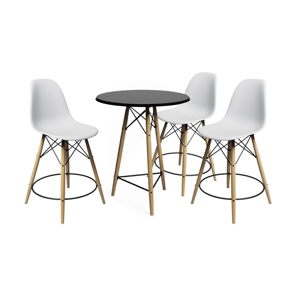 Conjunto Mesa Bistrô Eames Eiffel Preta com 3 Banquetas Brancas de Madeira