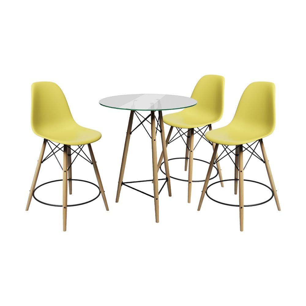 Conjunto Mesa Bistrô Eames Eiffel Vidro com 3 Banquetas Amarelas de Madeira