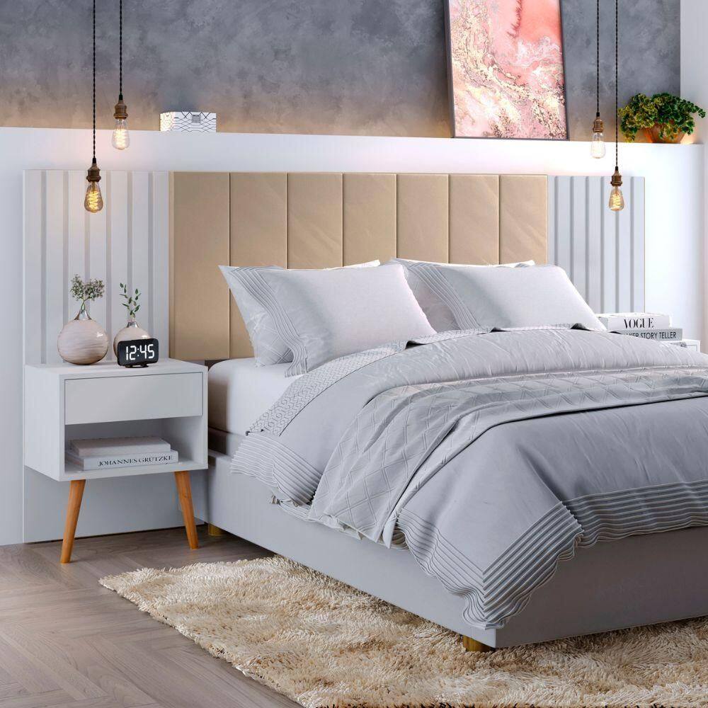 Cabeceira Queen Extensivel Estofada Com Mesa de Cabeceira Zara Shop Jm Branco