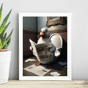 Quadro Pato No Banheiro Lendo Jornal 45X34Cm - Com Vidro