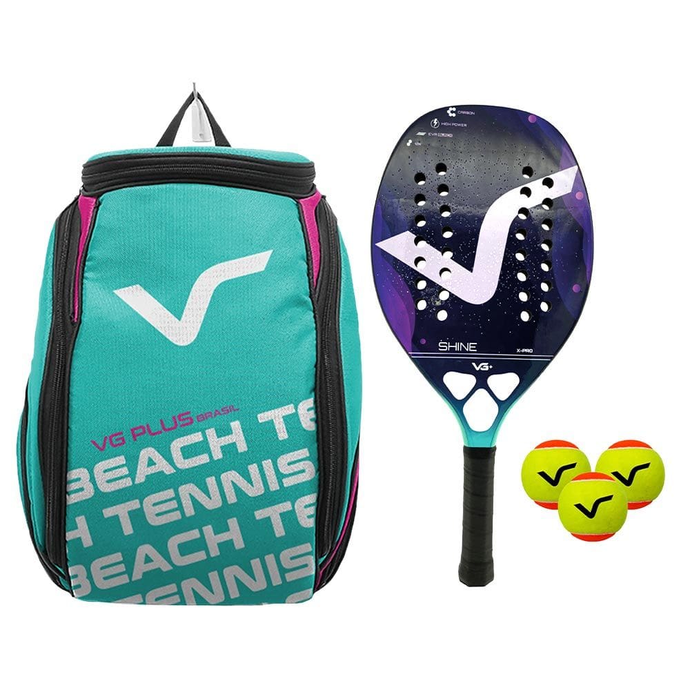 Kit com Raquete Beach Tennis Shine 12k Carbon, 3 Bolas e 1 Mochila de Transporte Vg Plus Rosa