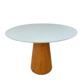 Mesa de Jantar Redonda Cone 90 cm Tampo Laca Branca Base Freijó