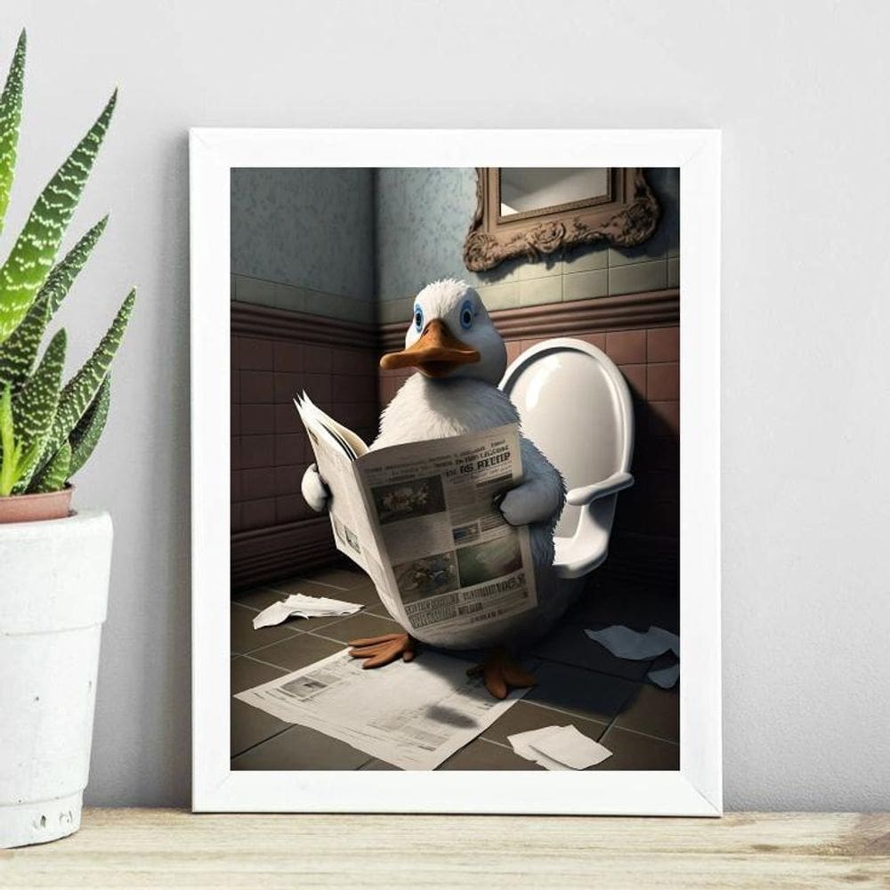 Quadro Pato No Banheiro Lendo Jornal 33X24Cm