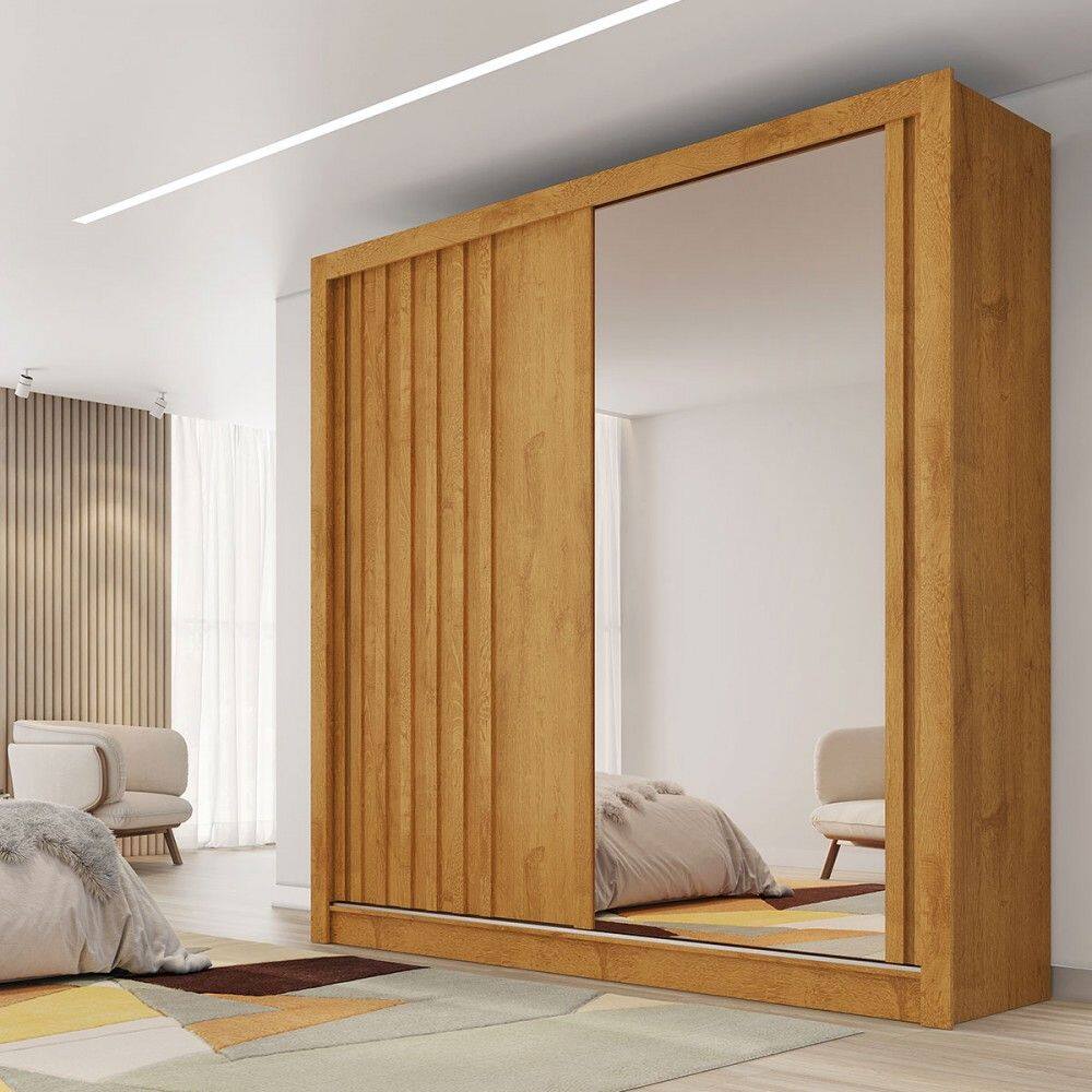 Guarda-Roupa Atlanta 2 Portas 4 Gavetas com Espelho  Ripado 100% Mdf Peroba - Mademarques