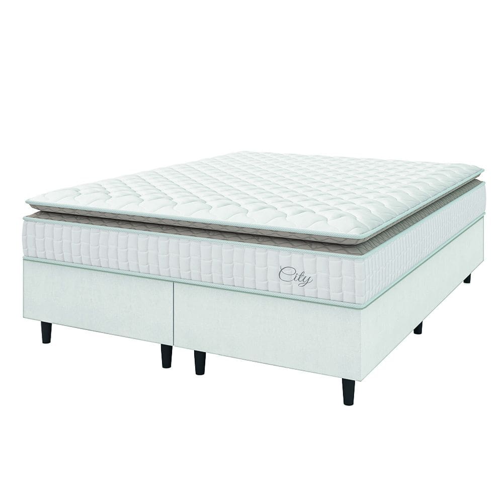 Cama Box Colchão Casal King Molas Ensacadas City Pillow Top 193x203x61cm Linho Branco / Bege Hellen - Suporta até 110kg por Pessoa