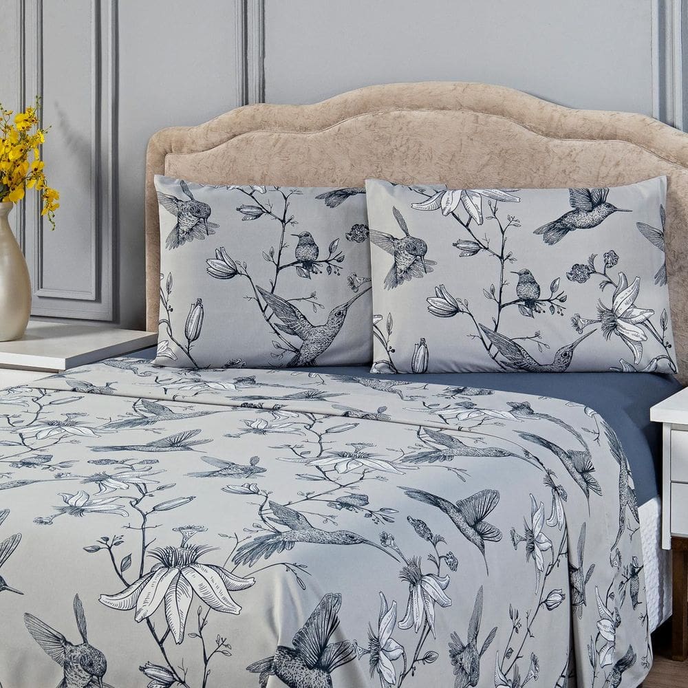Jogo de Cama Lençol Beija-flor Azul/Cinza CASAL PADRÃO 04 Peças - Estampado Percal 300 Fios Acetinado