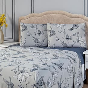 Jogo de Cama Lençol Beija-flor Azul/Cinza SOLTEIRO 03 Peças - Estampado Percal 300 Fios Acetinado