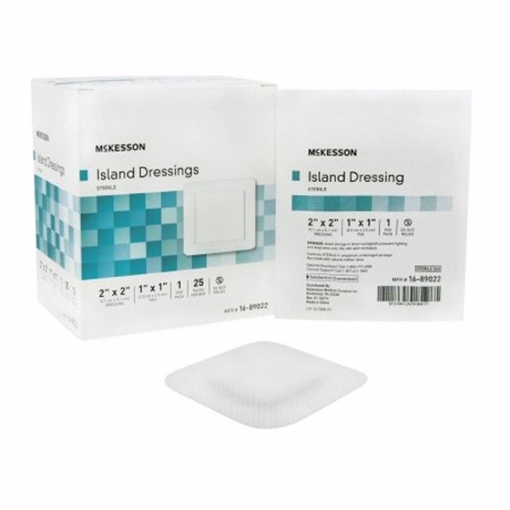 Curativo adesivo McKesson 2 X 2 Polegada Polipropileno / Rayon Square Branco Branco Estéril 25 Conde por McKesson