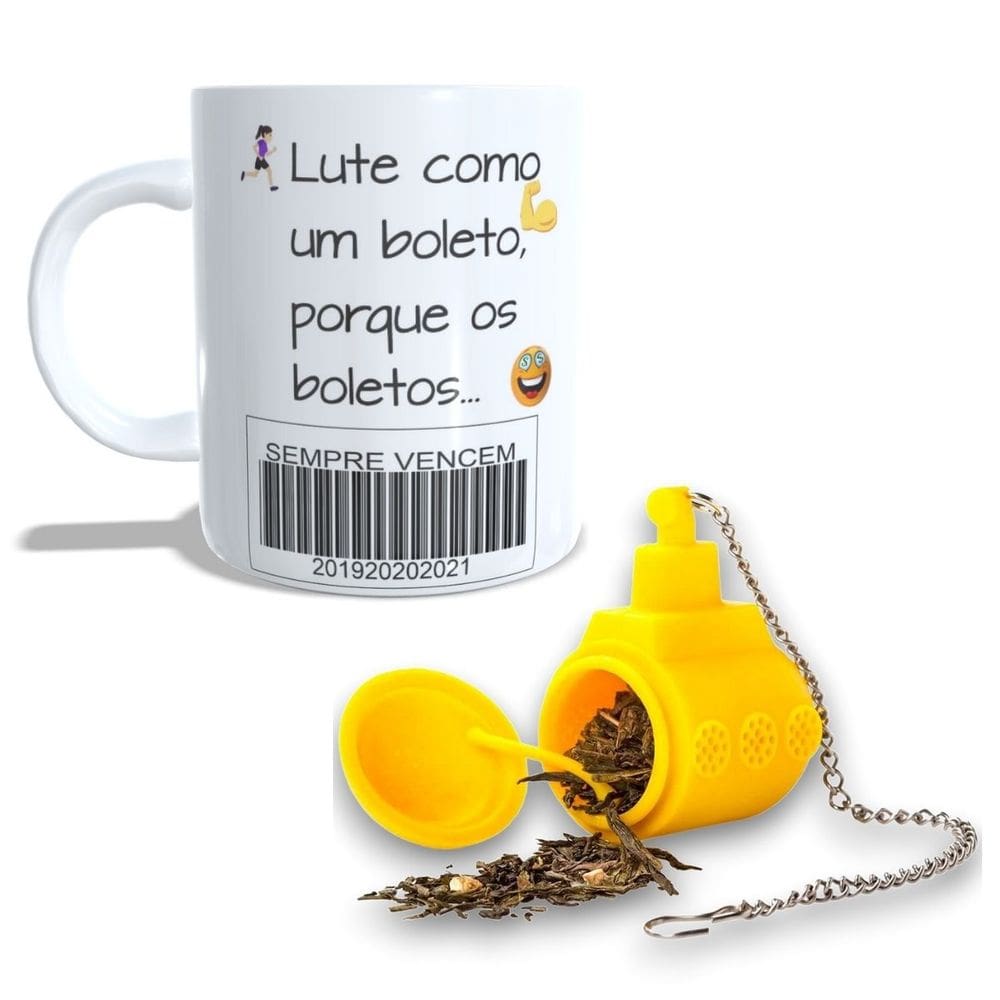 Caneca Xícara Porcelana Presente Boletos Com Infusor de Chá