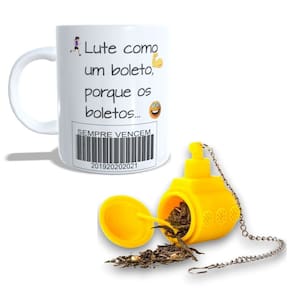 Caneca Xícara Porcelana Presente Boletos Com Infusor de Chá