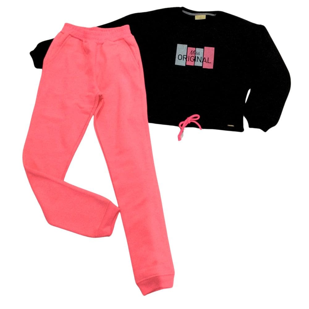 Conjunto Moletom Infantil Fem Vrasalon Preto e Rosa neon