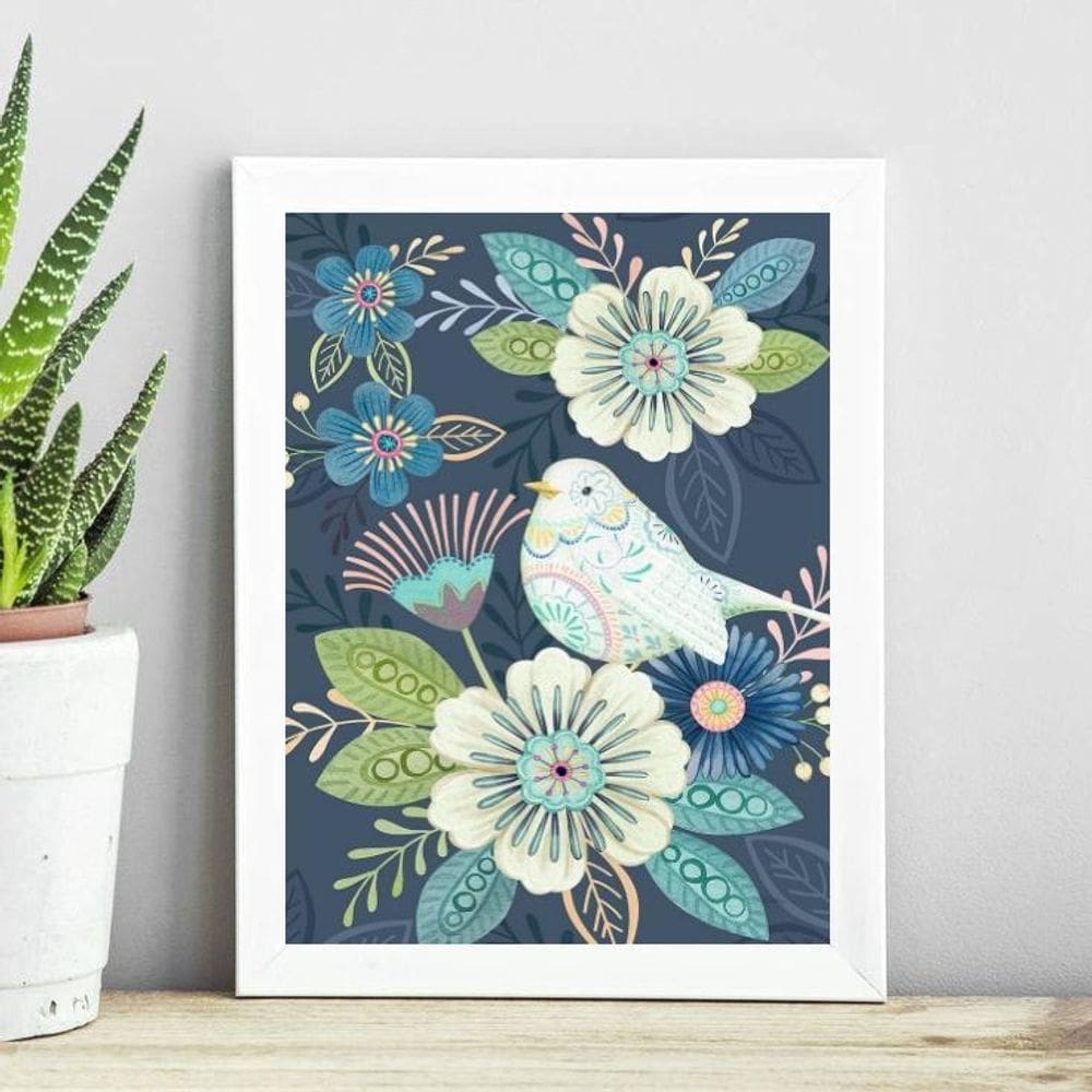 Quadro Floral Azul Com Passarinho 45X34Cm