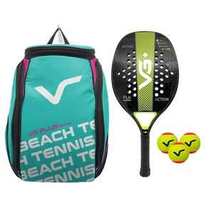 Kit com Raquete Beach Tennis Action Full Carbon, 3 Bolas e 1 Mochila de Transporte Vg Plus Rosa