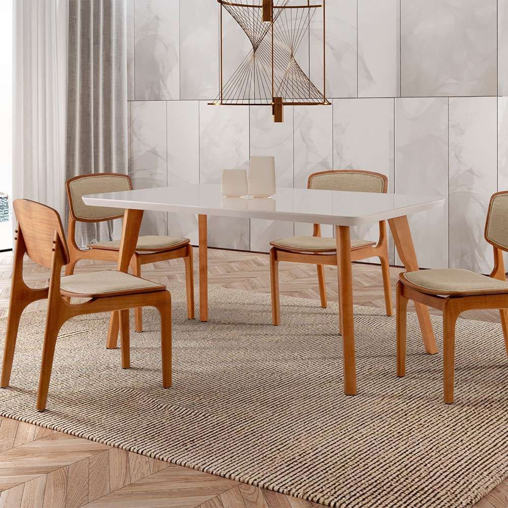 conjunto de mesa de jantar retangular com tampo de vidro off white e 4 cadeiras prada linho turim e imbuia