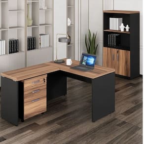 Mesa de Escritório em L com Gaveteiro e Armário Estante Espresso Móveis Marrom/Preto