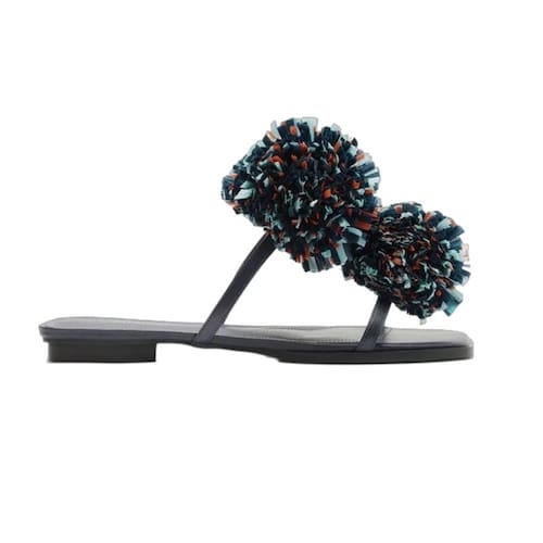 Sandália Rasteira Azul Bico Quadrado Pompom Ponto