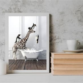 Quadro Para Banheiro - Girafa E Pinguins 33X24Cm