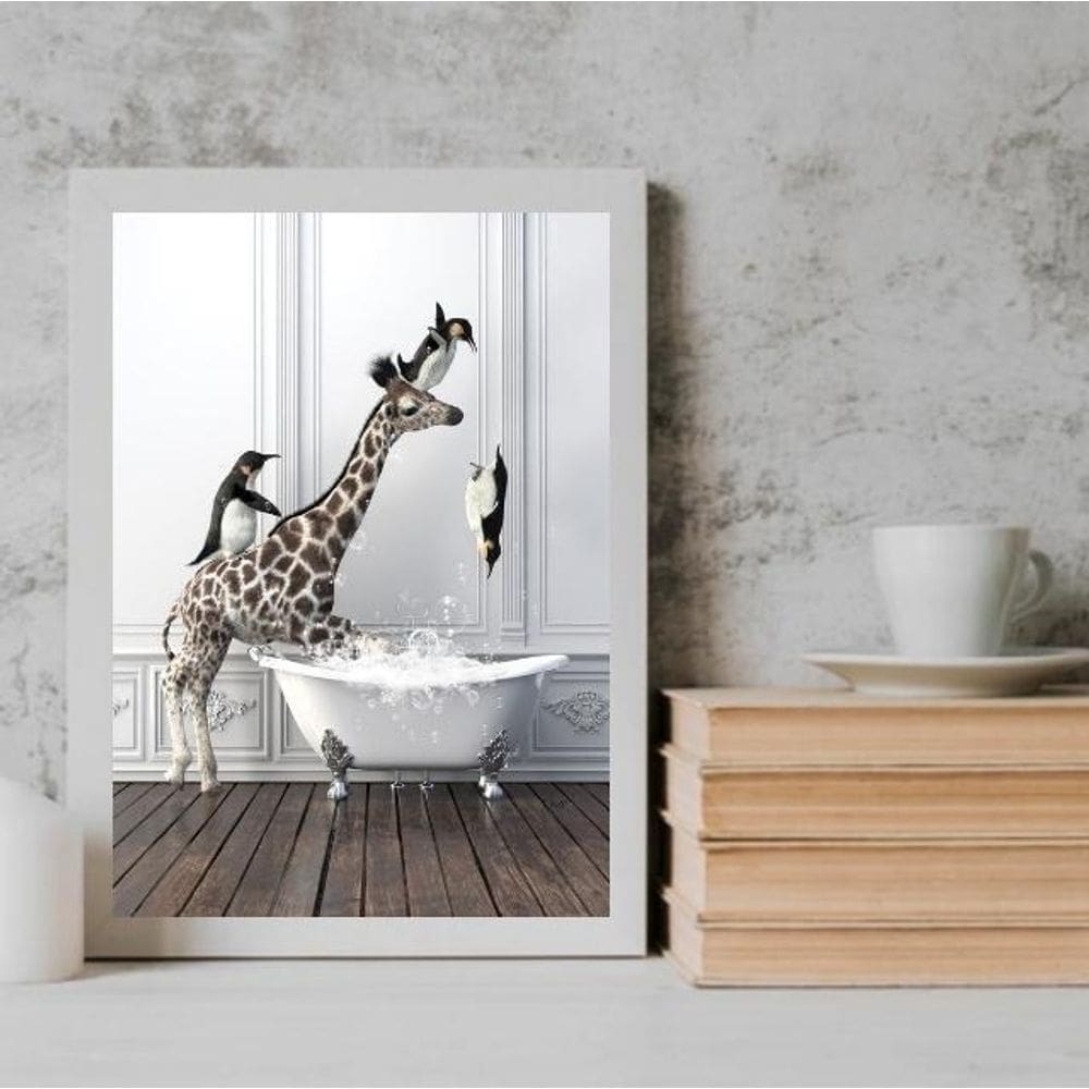 Quadro Para Banheiro - Girafa E Pinguins 45X34Cm