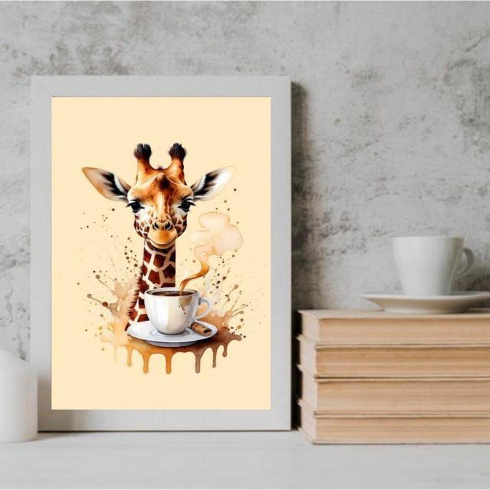 Quadro Girafa Com Café - Aquarela 45X34Cm