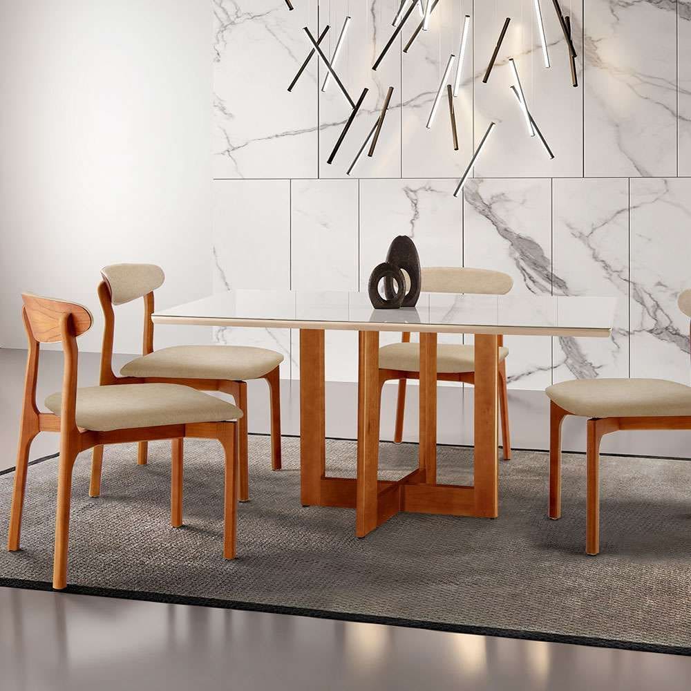 conjunto de mesa de jantar retangular com tampo de vidro off white talia e 4 cadeiras italia linho bege e imbuia