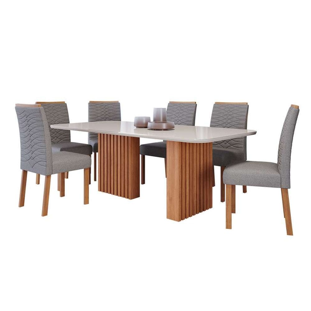 conjunto de mesa de jantar retangular com tampo de vidro off white ester e 6 cadeiras clarice linho grafite e cinamomo