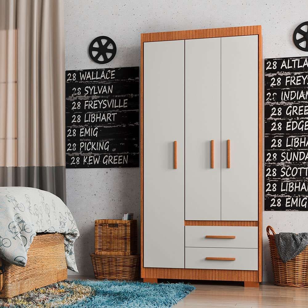 guarda-roupa solteiro priy 3 pt 2 gv freijó wood e off white