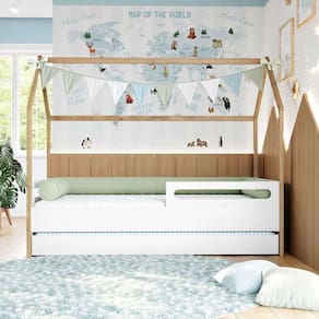 cama infantil montessoriana casinha tivoli com cama auxiliar branca e