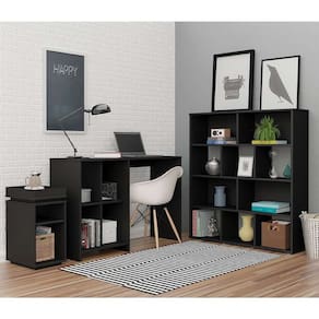 conjunto de mesa para notebook moon, estante grid e mesa lateral olívia preto
