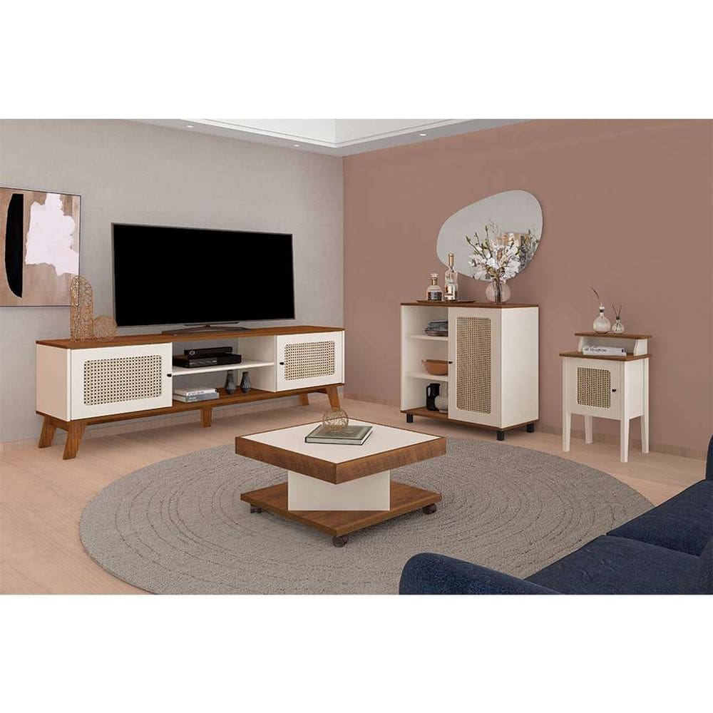 conjunto de sala de estar charlotte com rack 2 pt, buffet 1 pt, mesa lateral 1 pt e mesa de centro pinho e off white