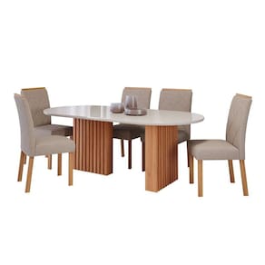 conjunto de mesa de jantar oval com tampo de vidro off white ester e 6 cadeiras fernanda linho bege e cinamomo