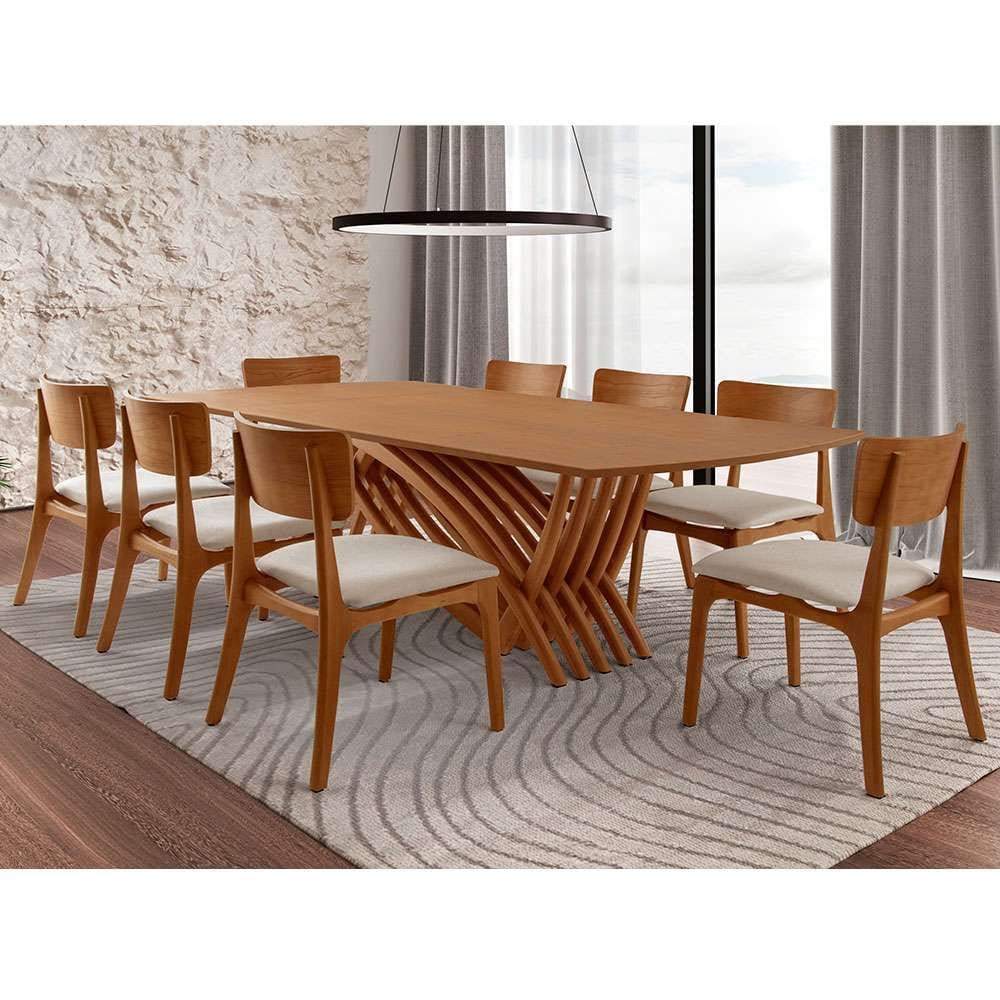 conjunto de mesa de jantar retangular com tampo madeira grazzia e 8 cadeiras parma linho bege e imbuia