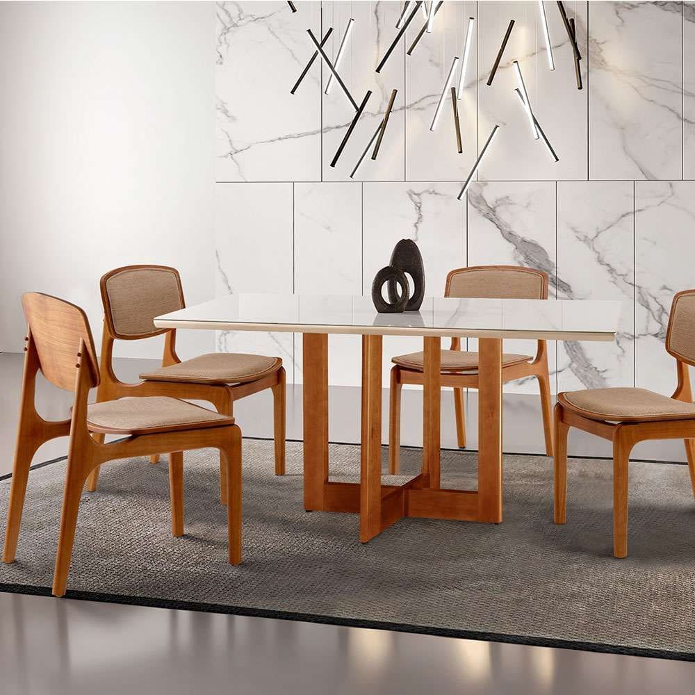 conjunto de mesa de jantar retangular com tampo de vidro off white talia e 4 cadeiras prada linho palha e imbuia