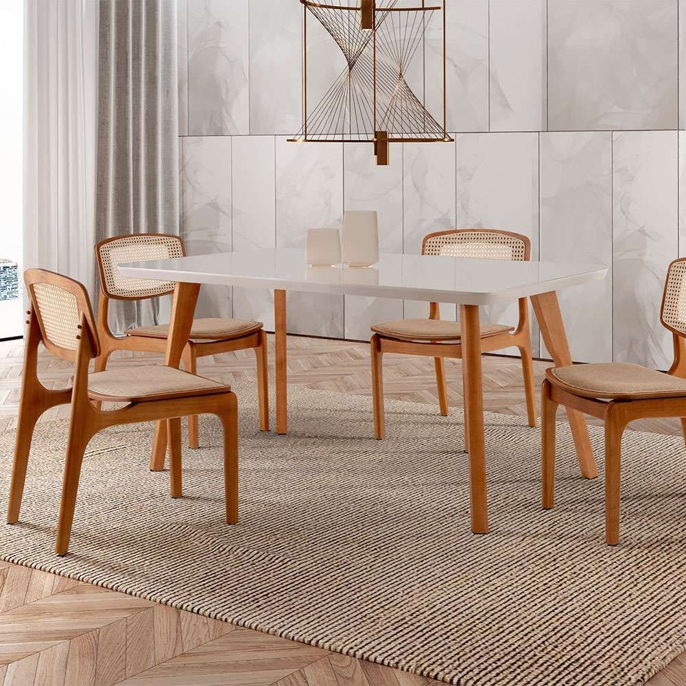 conjunto de mesa de jantar retangular com tampo de vidro off white prada e 4 cadeiras prada premium linho palha e imbuia