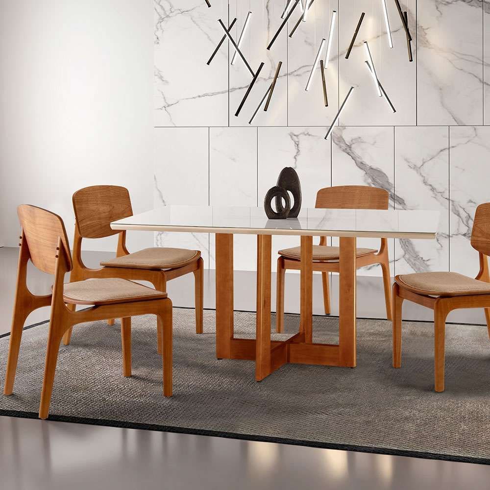 conjunto de mesa de jantar retangular com tampo de vidro off white talia e 4 cadeiras prada gold linho palha e imbuia