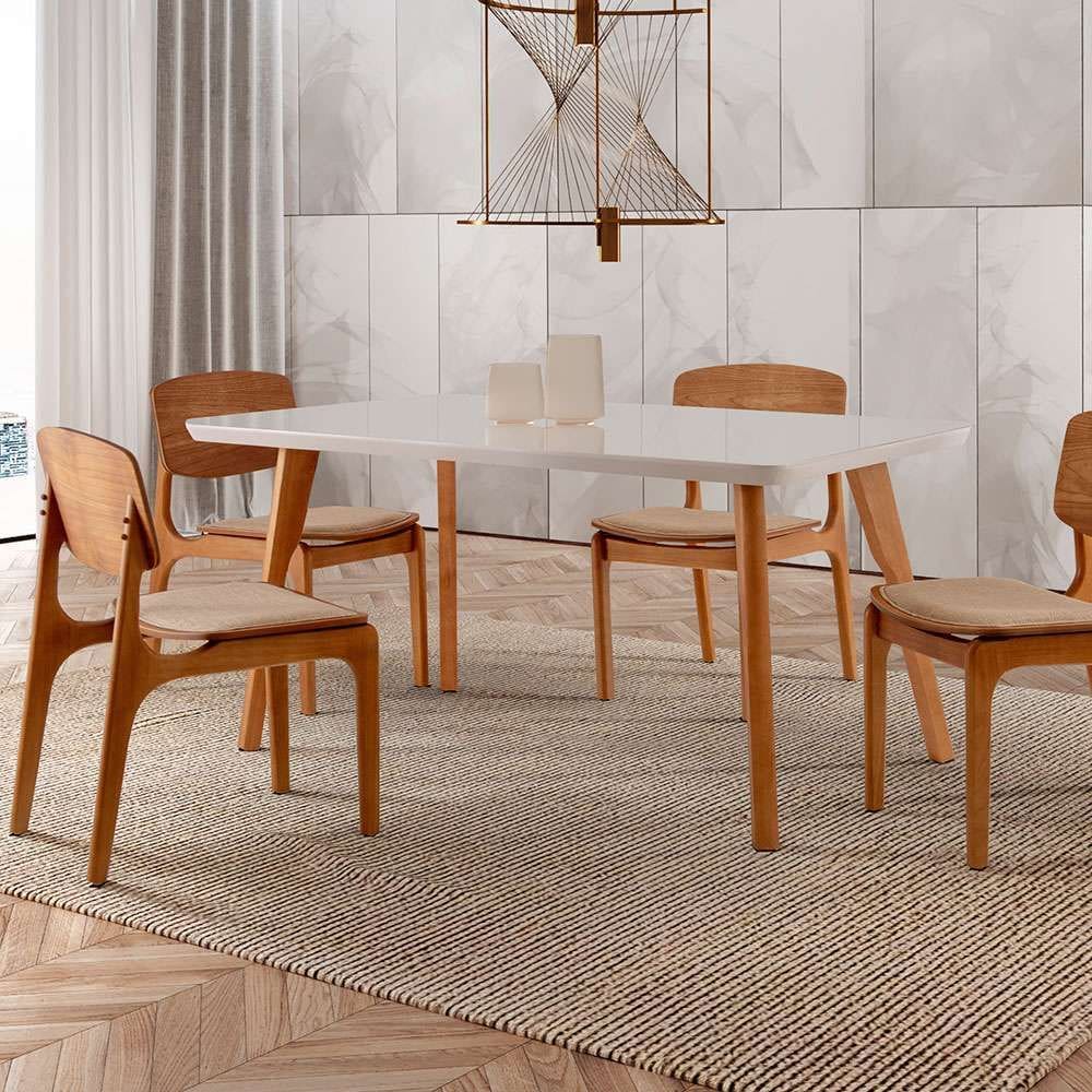 conjunto de mesa de jantar retangular com tampo de vidro off white prada e 4 cadeiras prada gold linho palha e imbuia