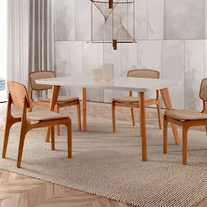 conjunto de mesa de jantar retangular com tampo de vidro off white e 4 cadeiras prada linho palha e imbuia