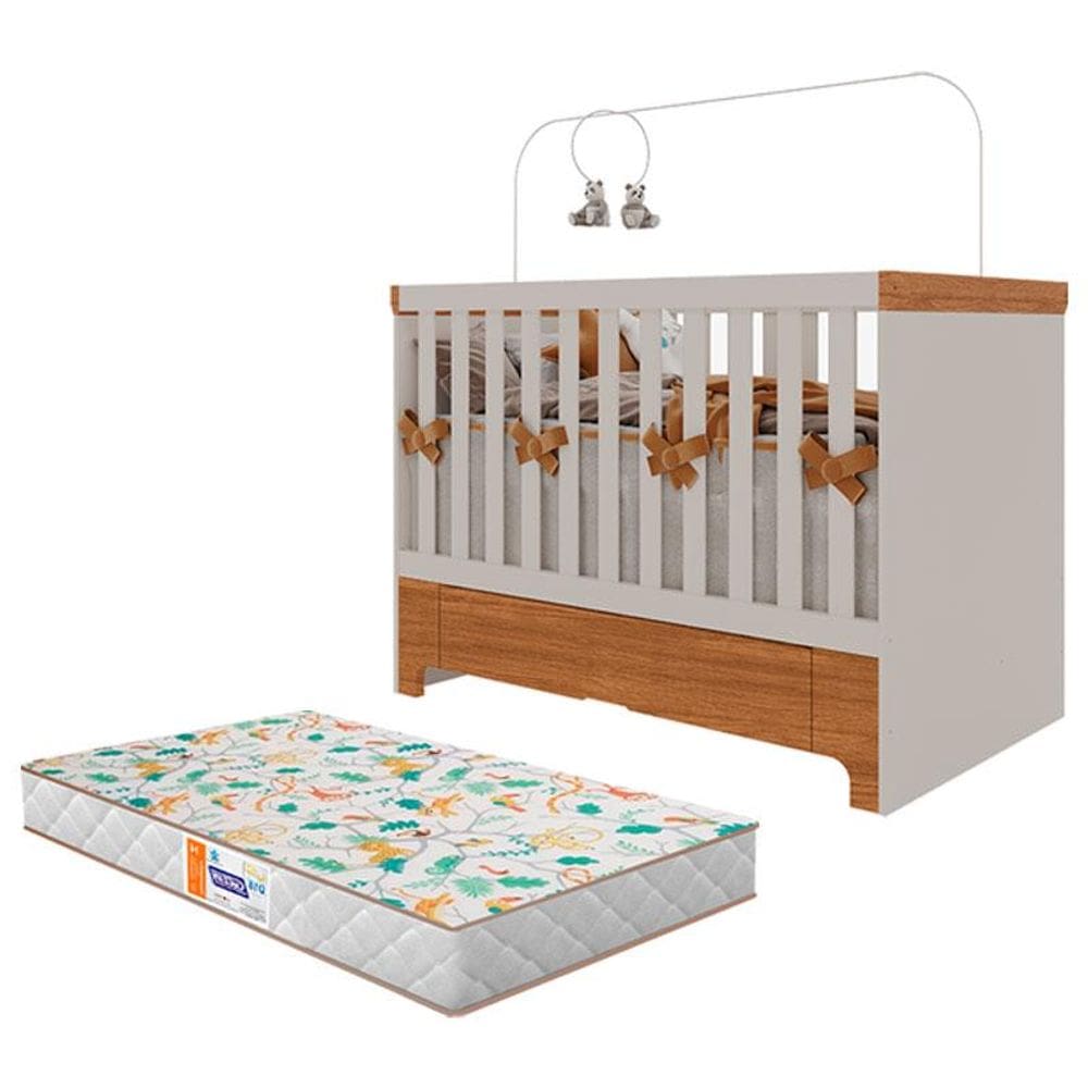 Berço Americano Mini Cama com Gaveta Antonella Off White Caramelo e Colchão Gazin - Canaã