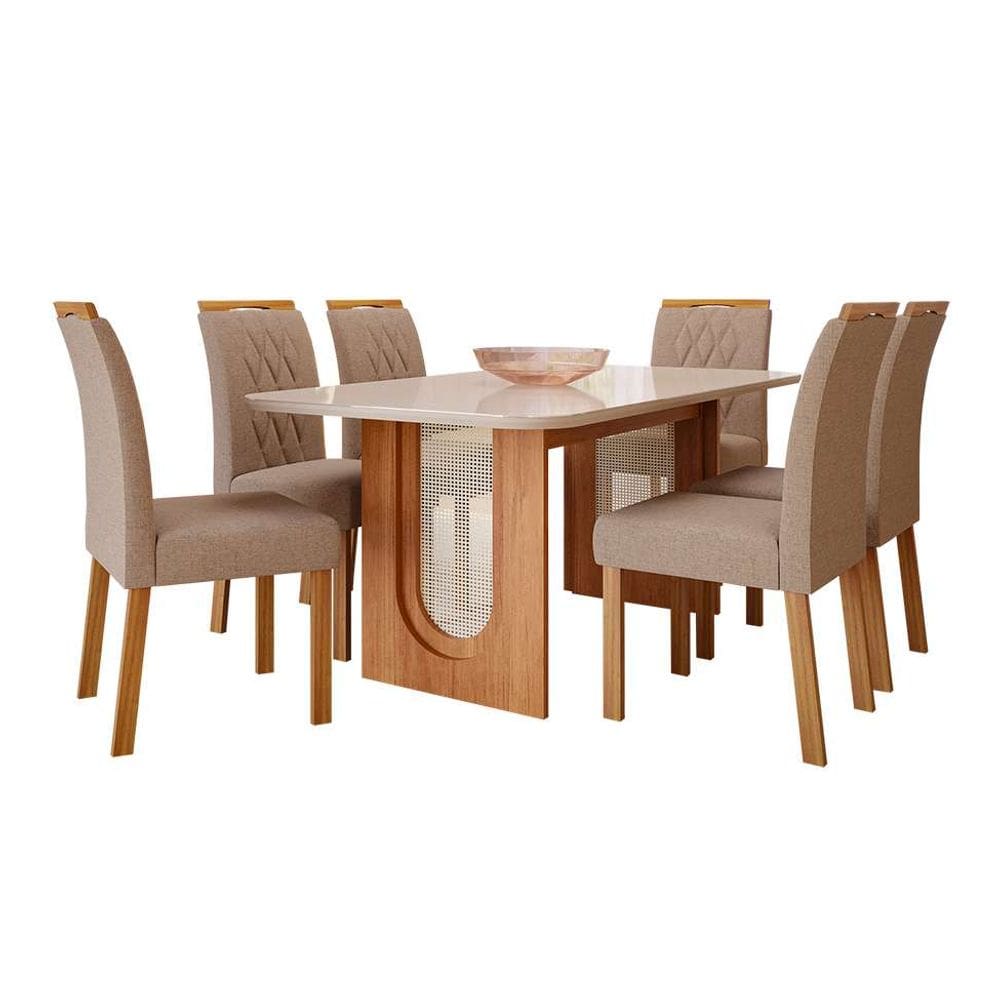 conjunto de mesa de jantar retangular com tampo de vidro off white valentina e 6 cadeiras juliana linho bege e cinamomo