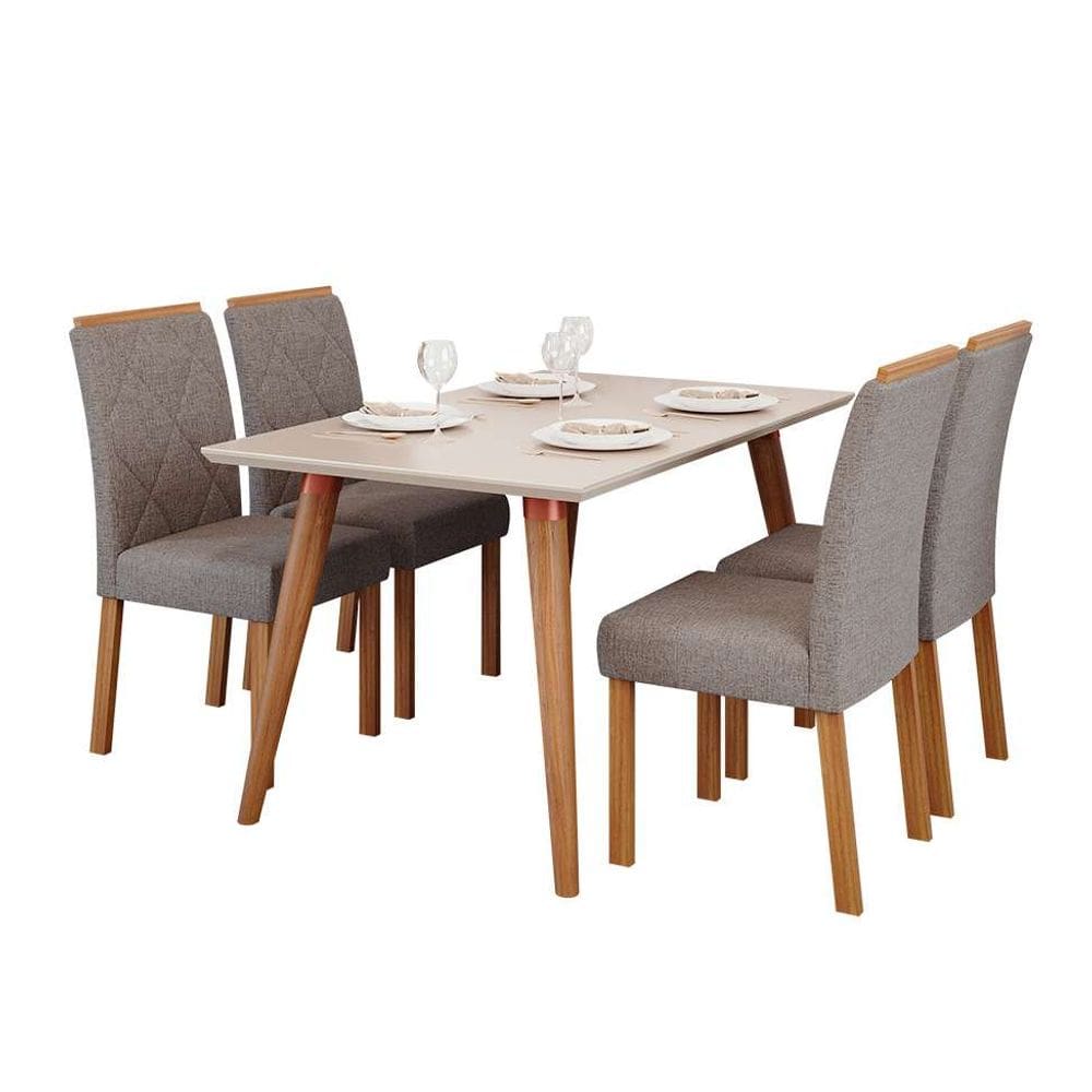 conjunto de mesa de jantar retangular com tampo de vidro off white adele e 4 cadeiras fernanda linho grafite e madeira