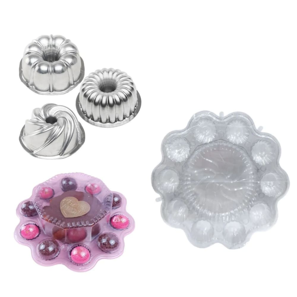 KIT 3 PEÇAS MINI FORMINHAS DECORADAS + 3 Embalagem Flip Mini Festa (Mini Bolo + 10 Docinhos)