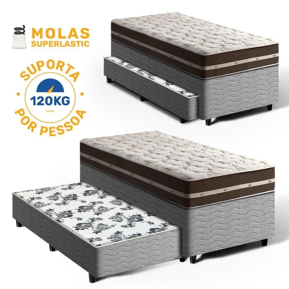 Cama Box Bicama com Colchão de Molas Solteiro Anjos Classic Superlastic + Auxiliar de Molas Unique Solteiro 88cm